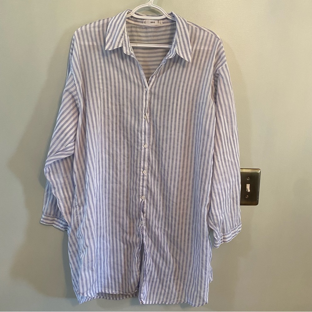 Mango button down long sleeve blue stripe tunic top size 8